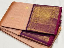 Peachish Beige with Jamoon Purple Buttas Korvai Handwoven Pure Jari Kanjivaram Silk Saree with rich borders pallu and contrast woven blouse beauty