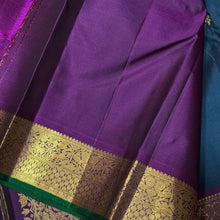 Sapphire Blue with Dark Purple Buttas Handwoven Pure Jari Kanjivaram Silk Saree with rich borders with green selvedges gorgeous pallu and contrast woven blouse
