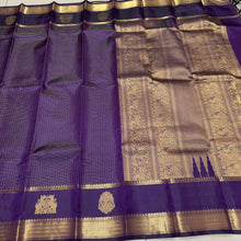 Sahana- Stunning Deep Purple with Gold Handwoven Pure Jari Kanjivaram Silk with Gandaberundas and Yazhis woven beautiful araimadam borders Rich Pallu and self colored blouse