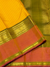 Sahana- Gorgeous Sunshine Yellow with Muthukattam Handwoven Beautiful Pure Jari Kanjivaram Silk with beautiful peachish pink with Olive Green spaced borders rich olive green pallu and contrast woven blouse