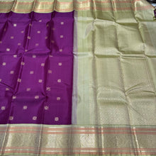 Vaibhogam -Deep Purple with Elakka Green in Kai Korvai Buttas Kanjivaram Silk Saree with beautiful diamonds and rudrakshas woven body intricate thambalam motifs woven borders rich pallu and contrast woven blouse