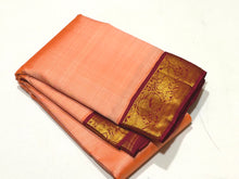 Sarasangi-Gorgeous Light Peach with Arakku Red Handwoven Pure Korvai Kanjivaram Silk with rich yazhis and peacocks woven beautiful borders rich parrots woven pallu and contrast woven blouse