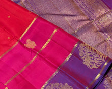Vaibhogam- Stunning Orange, Pink with Purple Handwoven Pure 2g Jari Kanjivaram Silk with buttas woven body with middle portion in orange lower portion in pink and borders pallu and blouse in beautiful purple with border motifs woven beautifully!