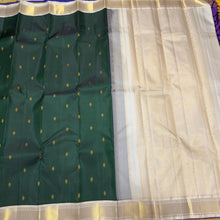 Bottle Green with offwhite Buttas Handwoven Pure Jari Korvai Kanjivaram Silk Saree Beauty