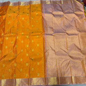 Orange with Lavender short Peach buttas with Araimadam Borders Handwoven Pure Jari Kanjivaram Silk Saree Beauty