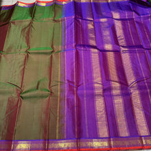 Manthulir Dual tone Green with Purple Small Borders Handwoven Pure Jari Kanjivaram Silk Saree Beauty