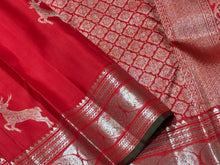 Red with Silver Jari Handwoven Pure Kanjivaram Silk Saree with Green Selvedges with Deer motifs woven all over the body with rich borders pallu and self colored blouse