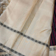 Gorgeous Handwoven Pure Zero Zari Korvai Kanjivaram Silk Saree witu maroon and black striped body with gorgeous creamish white rudrakshapet woven borders classic seer pallu and contrast woven blouse