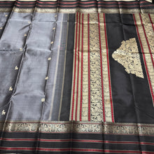 Premium Zariless Weave- Grey with Black Handwoven Pure Zariless Kanchipuram Silk with Deer Rudrkasham Peacock 5 different buttas woven body with rich borders Sorgavasal Pallu and Contrast woven blouse beauty