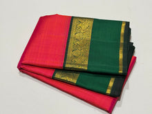 Vaibhogam-Stunning Tomato Pink with Bottle Green Handwoven Pure Jari Korvai Kanjivaram Silk with gorgeous borders rich pallu and contrast woven borders