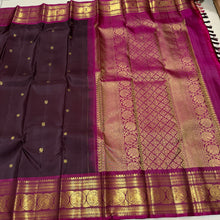 Sahana- Gorgeous Coffee Brown with Deep Magenta Handwoven Pure Jari Kanjivaram Silk with buttas woven body with beautiful borders rich pallu and contrast woven blouse