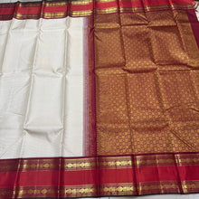 Vaibhogam-Gorgeous Offwhite with Deep Maroonish Arakku  and Orange  Vairaoosi Korvai with Rettapet  Borders Handwoven Pure Jari Kanjivaram Silk Saree with rich pallu and contrast oosi woven blouse