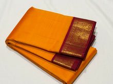 Sarasangi- Stunning Mambazham(Mango) Yellow with Arakku Red Handwoven Pure Jari Korvai Kanjivaram Silk with very beautiful borders gorgeous pallu and contrast woven blouse