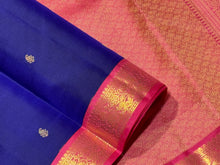 Deep Blue with Rose Pink Korvai with Buttas Small borders Handwoven Pure Kanjivaram Silk Saree Beauty