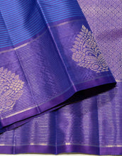 Sahana- Gorgeous Royal Blue with Purple Handwoven Pure Jari Kanjivaram Silk with beautiful striped body with jari oosi striped buttas woven borders rich beautiful pallu and contrast woven blouse
