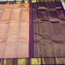 Sarasangi- Gorgeous Sandal Beige with Deep Purple Handwoven Pure Jari Korvai Kanjivaram Silk with beautiful gandaberundas woven borders rich pallu and contrast woven blouse