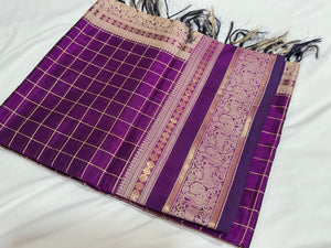 Deep Magenta with Jari Checks Premium Handwoven Pure Kanjivaram Silkcotton saree with intricate borders Pallu