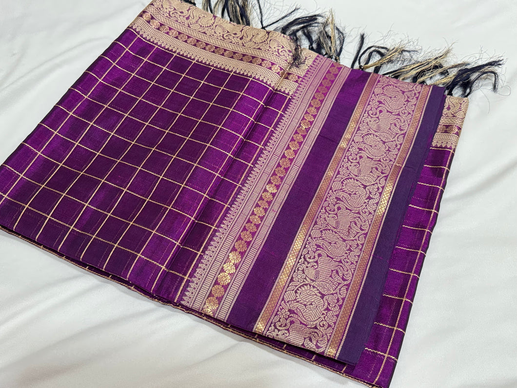 Deep Magenta with Jari Checks Premium Handwoven Pure Kanjivaram Silkcotton saree with intricate borders Pallu