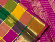 Vaibhogam- Gorgeous Multichecks Palum Pazhamum Checks with Buttas and Jari Lines woven beautiful body with rich borders stunning pallu and contrast pink jari striped blouse