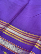 Yellow with Purple Buttas Handwoven Pure Zariless Korvai with temple borders Zariless Kanjivaram Silk Saree Beauty
