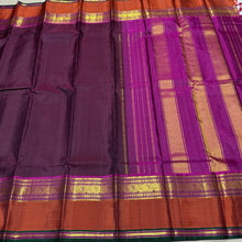 Sahana- Deep Maroonish Brown with Dark Magenta Muthukattam Handwoven Pure Jari Kanjivaram Silk with spaced borders in magenta rust and green with rich pallu and contrast woven blouse
