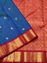 Vaibhogam- Stunning Peacock Blue with Dark Red Handwoven Pure Jari Korvai Kanjivaram Silk with Mayil Kuyil Buttas Woven beautiful body with rich borders veey uniquely woven pallu with elephants flying horses peacocks and contrast woven blouse