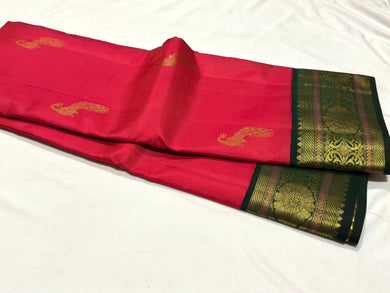 Dual tone Deep tomato Pink with Bottle Green Korvai Handwoven Pure Jari Buttas Woven Kanjivaram Silk Saree Beauty