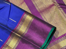 MS Blue with Deep Wine Mallimoggu with Spaced Borders and Green Selvedges Handwoven Pure Jari Kanjivaram Silk Saree Beauty