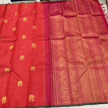 Saranga- Gorgeous Orange with Arakku Kasakasa Podikattam with Elephant motifs woven beautiful body with green selvedges rich pallu in arakku with very intricate weaving and contrast woven arakku blouse