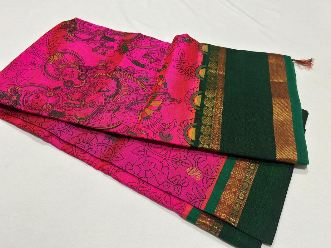 Shocking Pink with Bottle Green Handwoven Pure Korvai Long & Short Bordered Kanjivaram Hand Kalamkari Block Printed Silkcotton Beauty