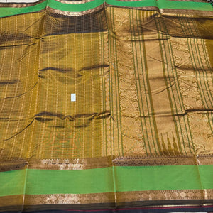 Bronze Gold with Parrot Green Lakshadeepam Motifs Handwoven Premium Kanjivaram Silkcotton Saree Beauty