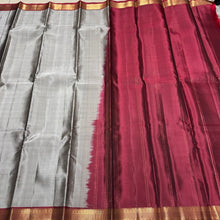Grey with Maroon Handwoven Pure Kanjivaram Silk Saree with Small borders classy seer pallu and contrast woven blouse beauty