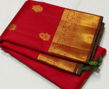 Sahana- Mesmerising Red with Green Handwoven Pure Jari Buttas woven Kanjivaram Silk with beautiful gandaberundas and jewelery motits woven body rich bawanchi borders with green selvedges beautiful pallu with unique motifs woven and contrast green blouse.
