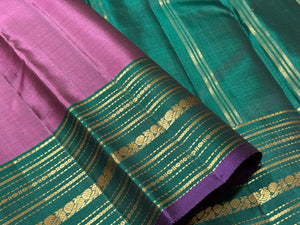 Deep Mauve with Sapphire Green Handwoven Pure Light Weight Kanjivaram Silk Saree Varisaipet Borders Beauty