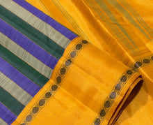 Saraswati- Gorgeous Lavendar Green and Grey with Golden Mustard Handwoven Premium Zariless Korvai Kanjivaram Silk with beautiful panel patterned body with rettapet rudrakshas woven borders rich seer pallu and contrast woven blouse