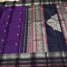 Saraswati- Gorgeous Purple with Dark Blackish Green Handwoven Pure Zariless Kanjivaram Silk with beautiful chakram and deer motifs woven all over the body with beautiful butterflies and deers woven borders l sorgavaasal pallu and contrast woven blouse