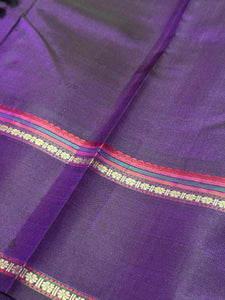 Offwhite with Deep Purple Buttas Handwoven Pure Zariless Premium Kanchipuram Silk Saree with Korvai temple borders
