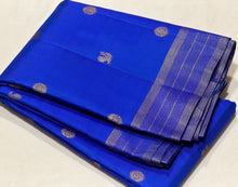 Sahana- Stunning Royal Blue with Gold Handwoven Pure  Jari Kanjivaram Silk with buttas woven body with Vairaoosi stripes woven borders rich pallu and self colored blouse