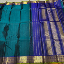 Rama Green with Dark Azure Blue Handwoven Pure Jari Kanjivaram Silk Saree with beautiful borders and light green selvedges rich Pallu and contrast woven blouse