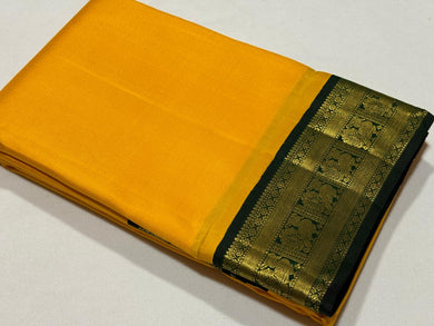 Yellow with Bottle Green Korvai Handwoven Pure Jari Kanjivaram Silk Saree Beauty