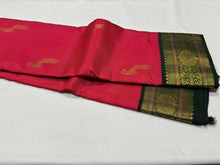 Dual tone Tomato Pink with Bottle Green Buttas Handwoven Pure Jari Korvai Kanjivaram Silk Saree Beauty