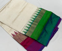 Arabhi- Stunning Offwhite with Ganga Jamuna temples Handwoven Pure Double Ikat Silk with beautiful borders with rich ikat style woven beautiful pallu with contrast blouse