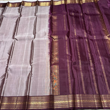 Greyish Abirami with Deep Purplish Brown Handwoven Pure Kanjivaram Silk Saree with intricate borders classy seer pallu and contrast woven blouse