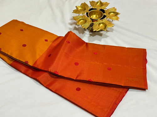 Mustard with Orange Red Mubbakam with Zariless Buttas Handwoven Pure Kanjivaram Silk Saree Beauty