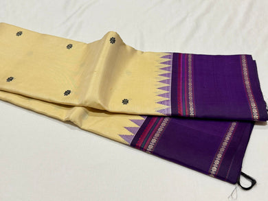Offwhite with Deep Purple Buttas Handwoven Pure Zariless Premium Kanchipuram Silk Saree with Korvai temple borders