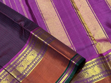 Sahana- Deep Maroonish Brown with Dark Magenta Muthukattam Handwoven Pure Jari Kanjivaram Silk with spaced borders in magenta rust and green with rich pallu and contrast woven blouse