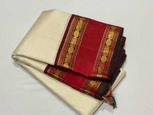 Vaibhogam-Gorgeous Offwhite with Deep Maroonish Arakku  and Orange  Vairaoosi Korvai with Rettapet  Borders Handwoven Pure Jari Kanjivaram Silk Saree with rich pallu and contrast oosi woven blouse