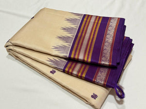 Offwhite with Purple Buttas Handwoven Pure Zariless Korvai Kanjivaram Silk Saree with temple borders beauty