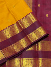Vaibhogam- Gorgeous Mustard with Deep Maroon Buttas Handwoven Pure Jari Korvai Kanjivaram Silk with Doublepet borders rich pallu and contrast woven blouse