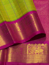 Sarasangi- Stunning Parrot Green with Pink Handwoven Pure Jari Korvai Kanjivaram Silk with beautiful checked body rich borders pallu and contrast woven blouse